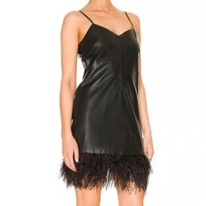 Lamarque Abella Black Leather Slip Dress with Feather Trim